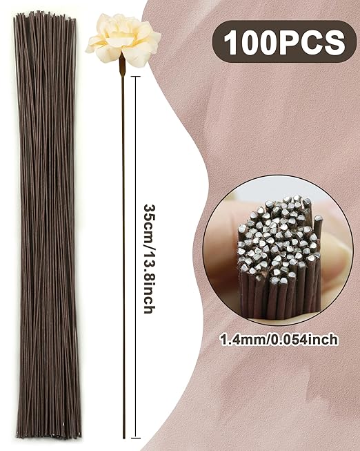 100 PCS FIVEIZERO 18 Gauge Brown Floral Wire Stems for Artificial Flower Making,Florist Wire,Flower Wires for Crafts,Alambre para Flores for Wreaths, Flower Arrangements and DIY Projects