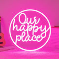 "Our happy place" Neon Sign Happy Place Neon Light for Wall Decor Letter Neon Signs Pink LED Neon Sign Round LED Neon Light for Bedroom Bar Party Birthday Club Decor