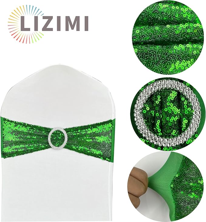 50 Pcs Chair Sashes Sequin Stretch Chair Bands Spandex Polyester Bows for Party Hotel Wedding Banquets Decoration - Green