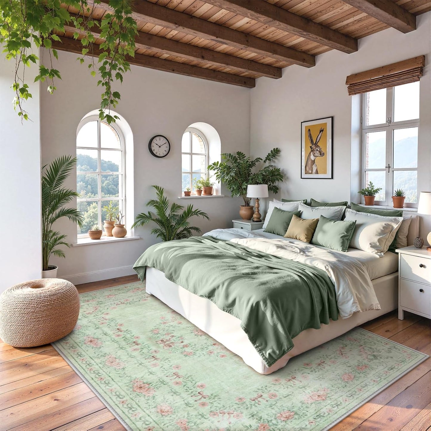 Wonnitar Green Area Rug for Living Room, Floral Bow 8x10 Washable Rug, Ultra-Thin Non Shedding Soft Boho Carpet for Bedroom Dining Room Playroom Dorm, Light Green