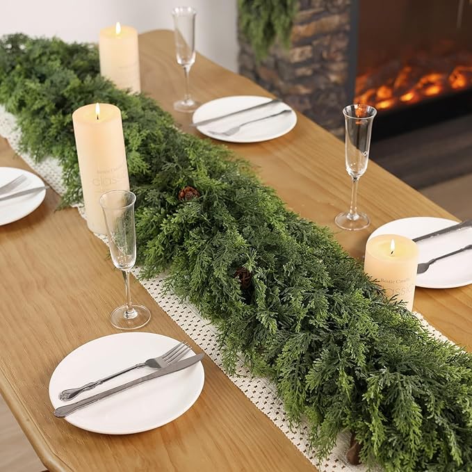 Christmas Cedar Garland - 16ft Artificial Cedar Garland Faux Lush Green Fake Pine Needles for Fireplace,Table,Window,Stairs,Mante,Holiday Indoor Outdoor Xmas Decor(1PCS)