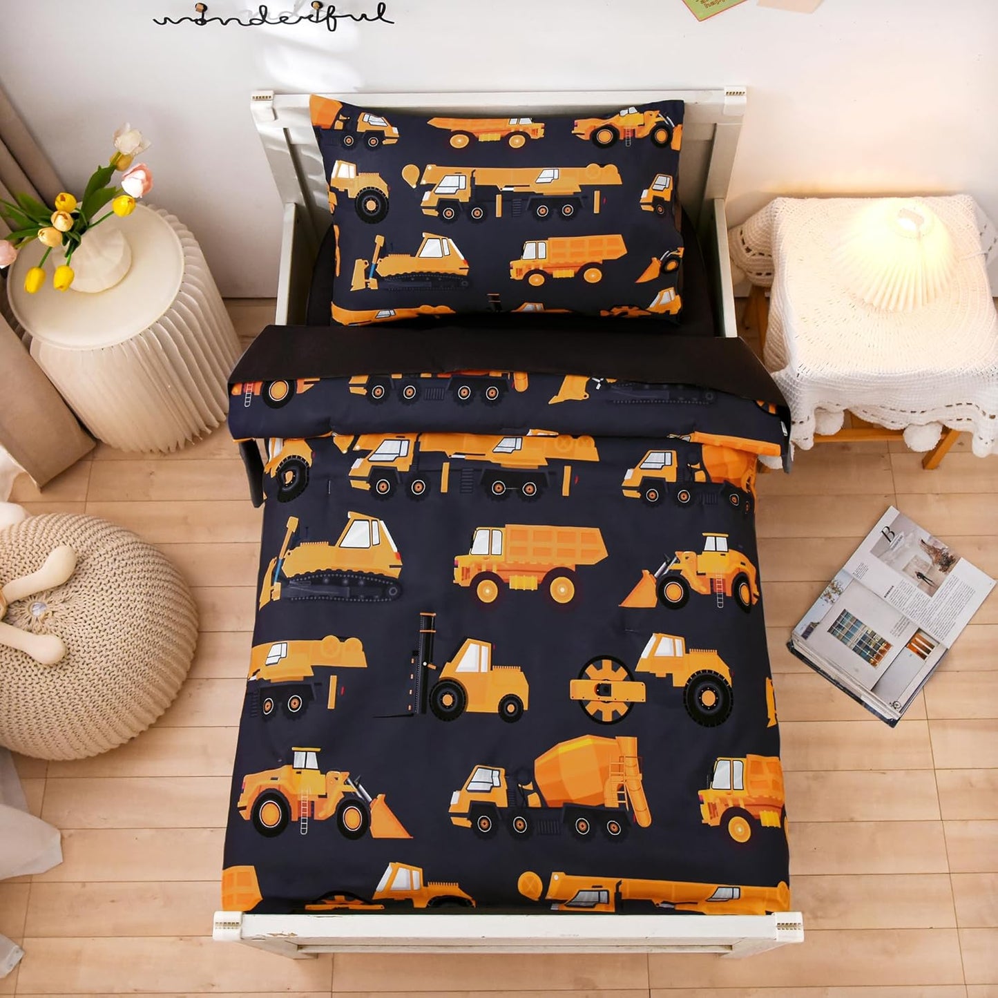 NTBED 4 Pieces Construction Toddler Bedding Set for Baby Boys, Truck Vehicles Excavator Cars Printed, Includes Comforter, Flat Sheet, Fitted Sheet and Pillowcase,Black