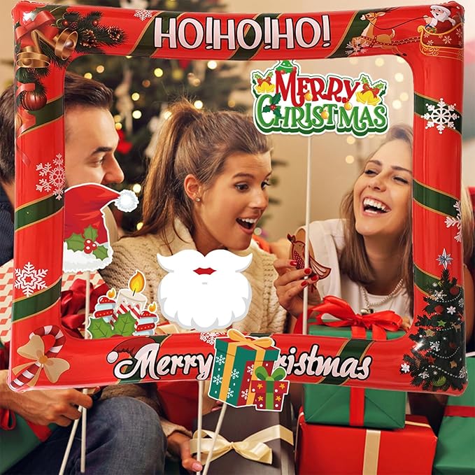 32 PCS Christmas Photo Props with Inflatable Selfie Photo Booth Frame - Funny Christmas Themed Photo Booth Selfie Frame Props for Adults Kids Red and Green Christmas Party Supplies Decorations