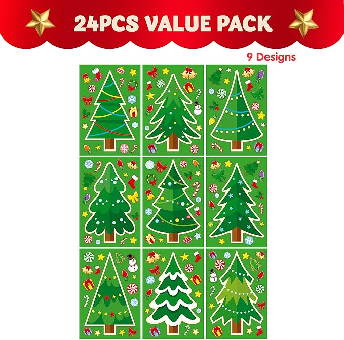 JOYIN 24 Pcs Christmas Tree Stickers, Make Your Own Christmas Tree Green Stickers Sheets, Party Favors for Kids Xmas Party Supplies, Classroom Games, Stocking Stuffers Holiday Presents