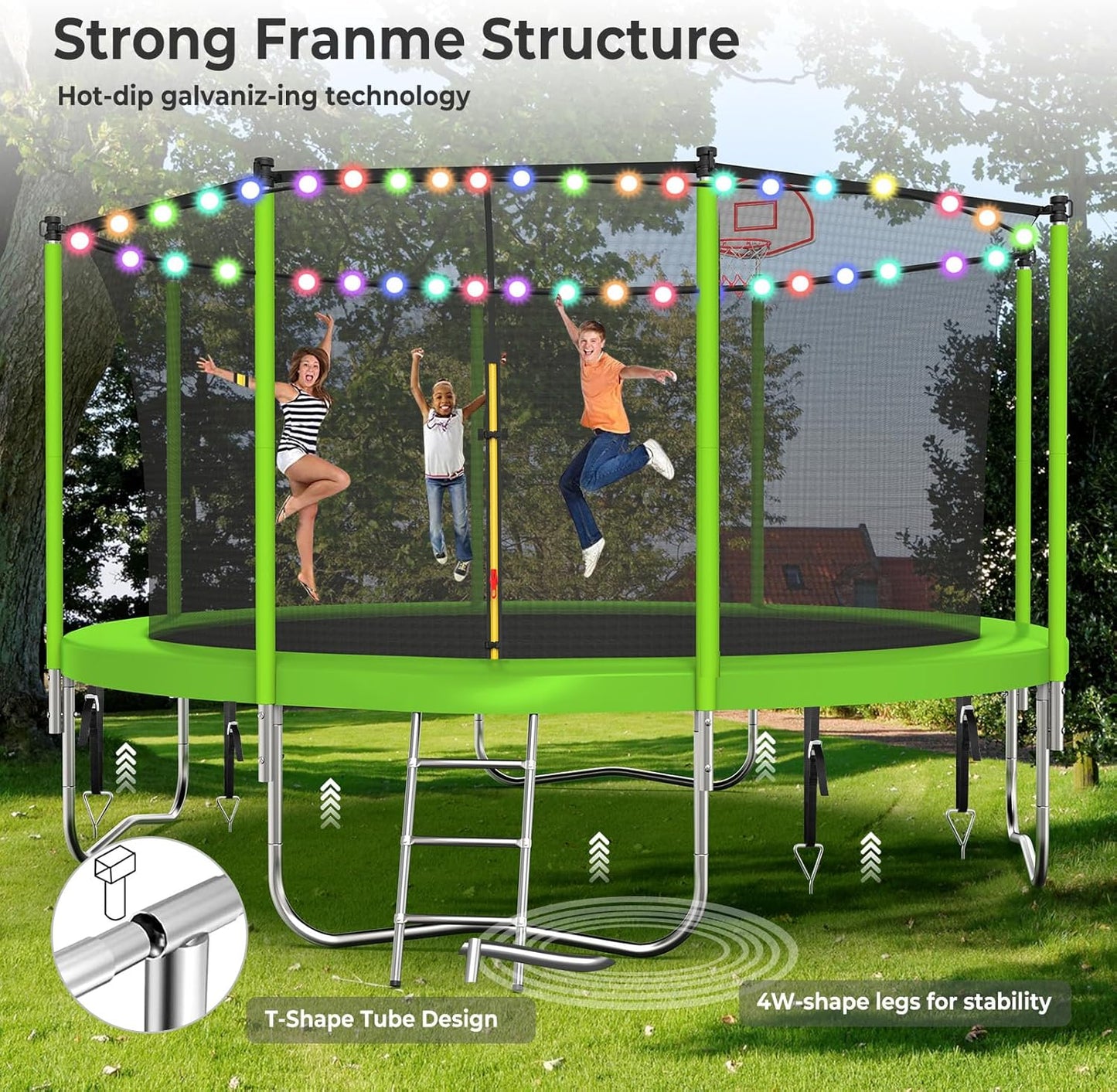 Upgraded 10/12/14/15/16FT Trampoline Outdoor, Large Kids Trampoline with Light, Stakes, Sprinkler, Backyard Trampoline with Basketball Hoop and Net, Capacity for 4-6 Kids and Adults