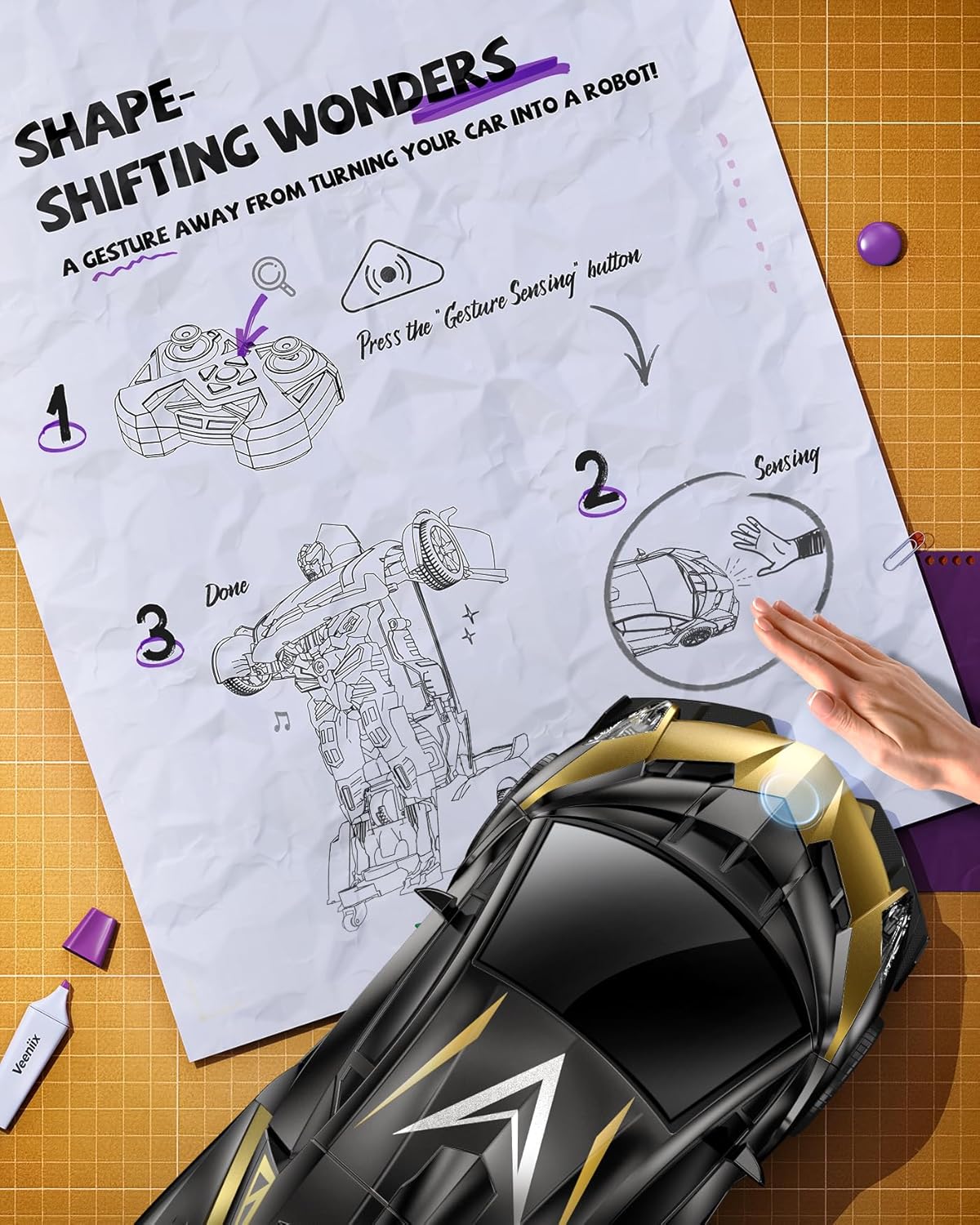 V992 Transform Remote Control Car, Transform Robot RC Cars, 1:14 Scale, 2-in-1 Robot Toy Car with Sound & Light, Gesture Sensing, Automatic Deformation, Great Gift Toys for Boys and Girls 4-6 (Golden)