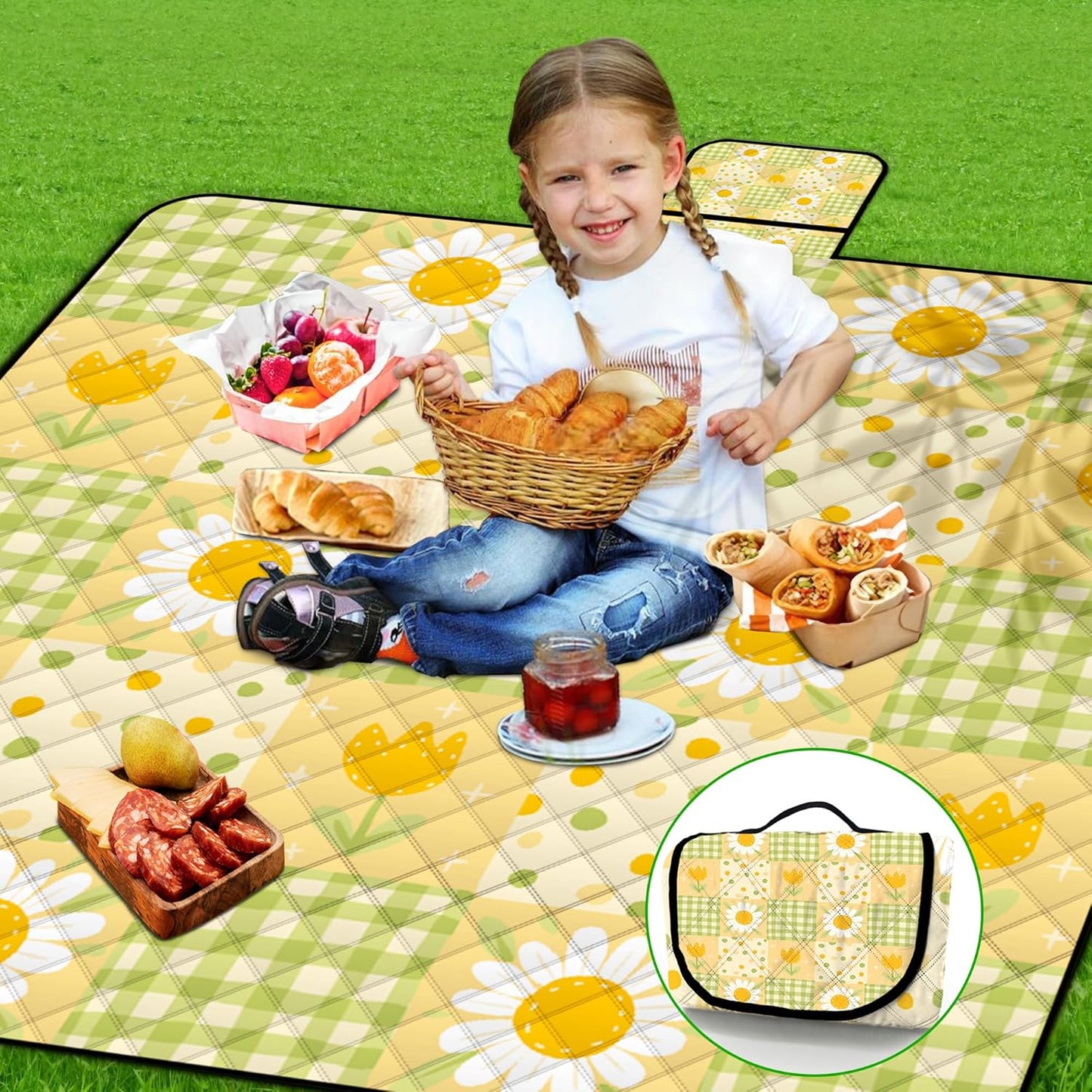 Extra Large Picnic Blanket Waterproof,80"x 80"Foldable Machine Washable Beach Blanket,Outdoor Blanket for 6-8 Adults,Suitable for Indoor Crawling,Park Beach,Camping,Hiking,Family Travel(Sunflower)