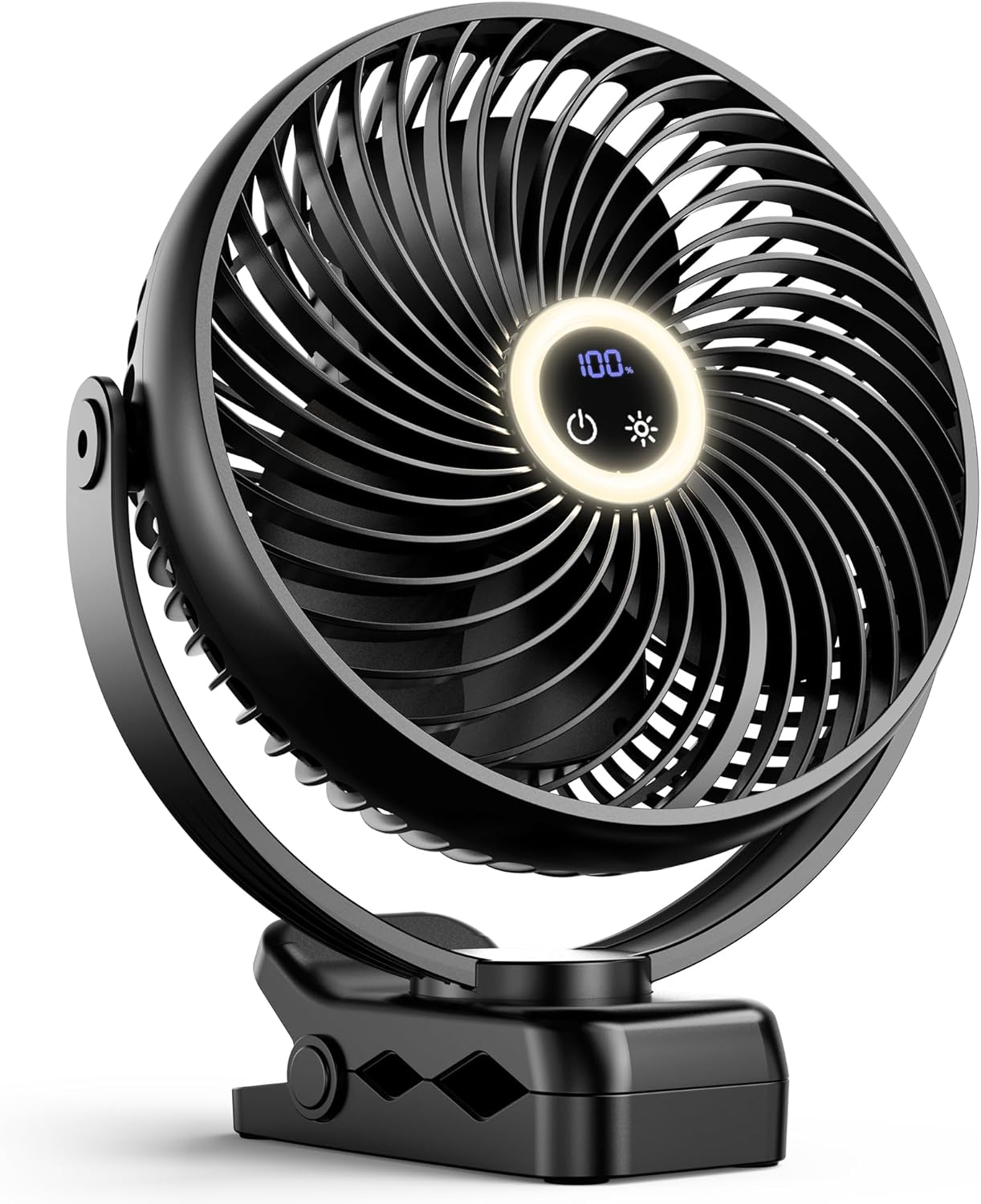 xasla 10000mAh Portable Clip On Fan With Light, 8 Inch Rechargeable Battery Operated Fan, 24H Long-last, Quiet Personal Camping Fan Digital Display, 3 Speed, 360° Rotate, for Gym Outdoor Travel