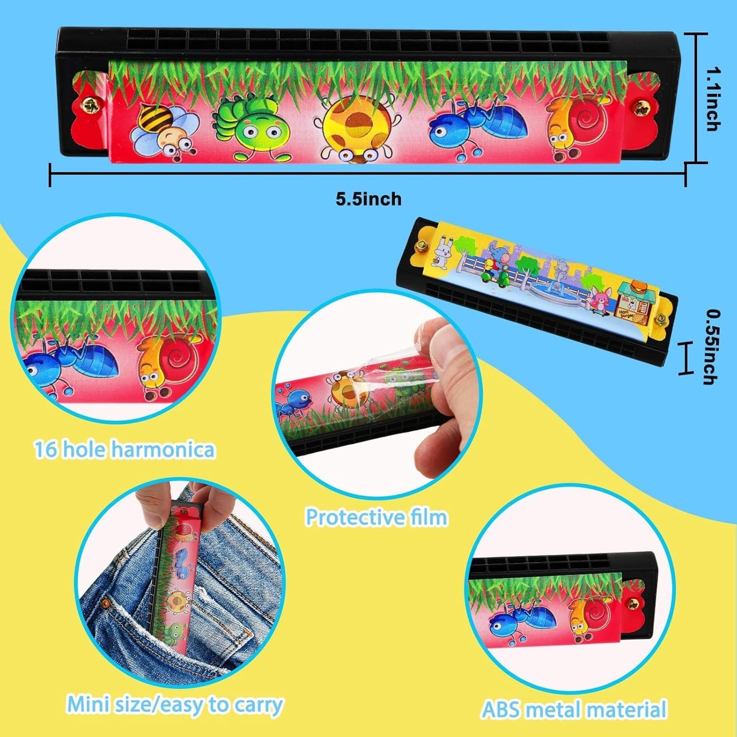 UPINS Harmonica,16 Holes Cartoon Harmonica Musical Instrument,Beginners Harmonica for Musical Party,Harmonica for Music Class(6 Styles)