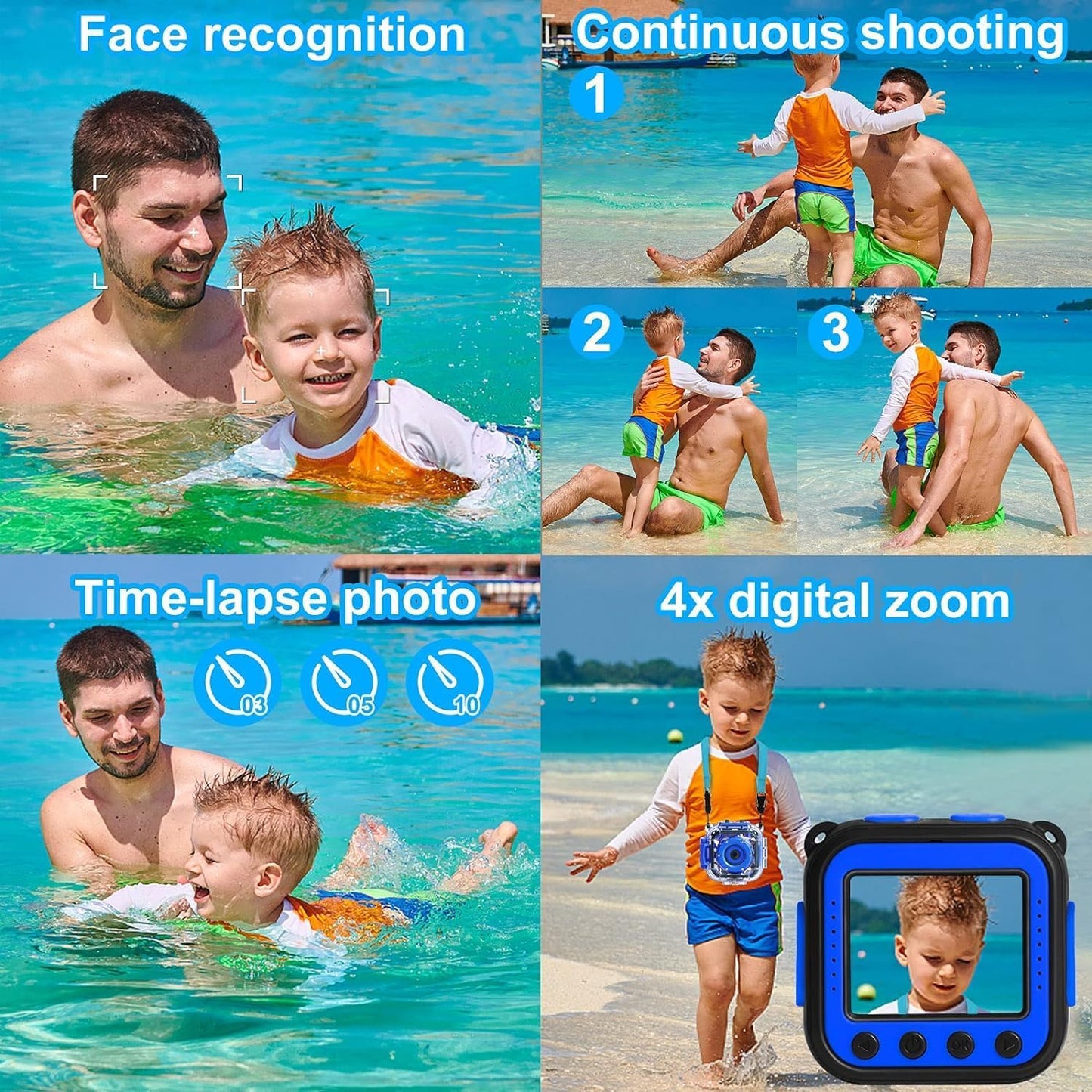 PROGRACE Kids Waterproof Camera for Kids Action Video Digital Camera 1080 HD Toy Cameras for Boys Birthday Christmas New Year Gifts, Blue