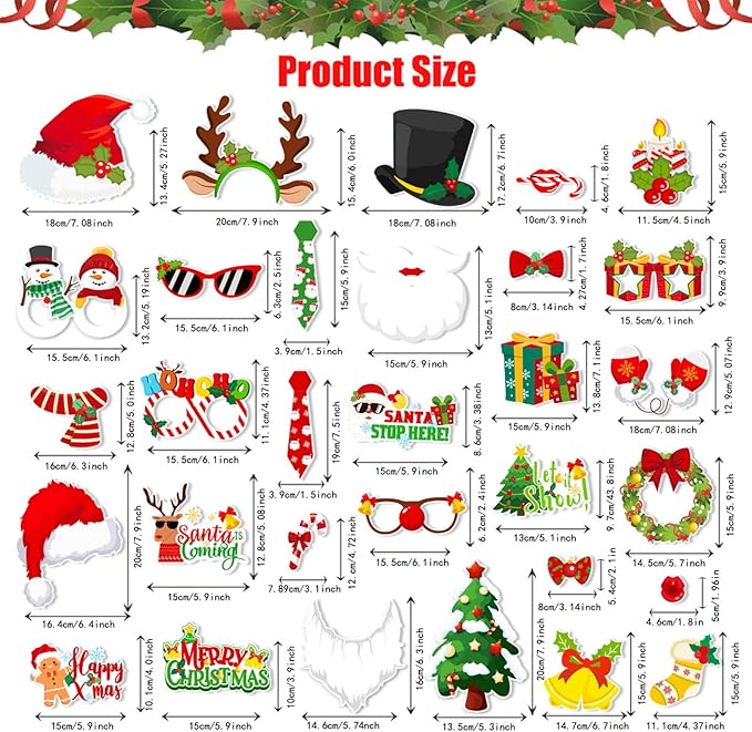 32 PCS Christmas Photo Props with Inflatable Selfie Photo Booth Frame - Funny Christmas Themed Photo Booth Selfie Frame Props for Adults Kids Red and Green Christmas Party Supplies Decorations