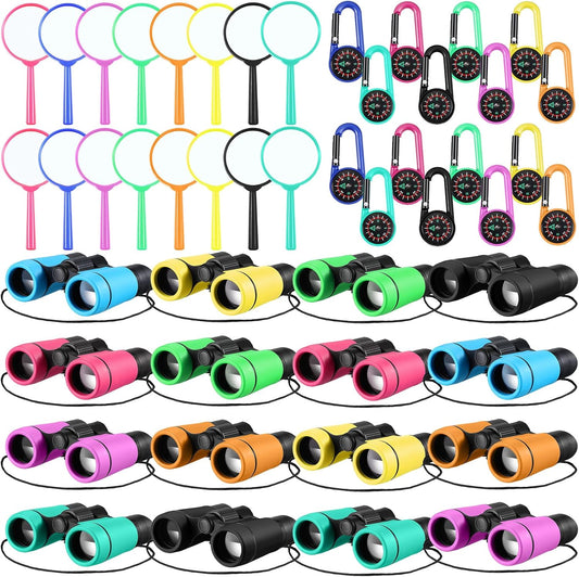 Hiboom 16 Set Kids Binoculars Bulk Shockproof Folding Children Mini Compact Binoculars Compass Magnifying Glass for 3-12 Years Boys Girls Kids Bird Watching Camping Outdoor Play