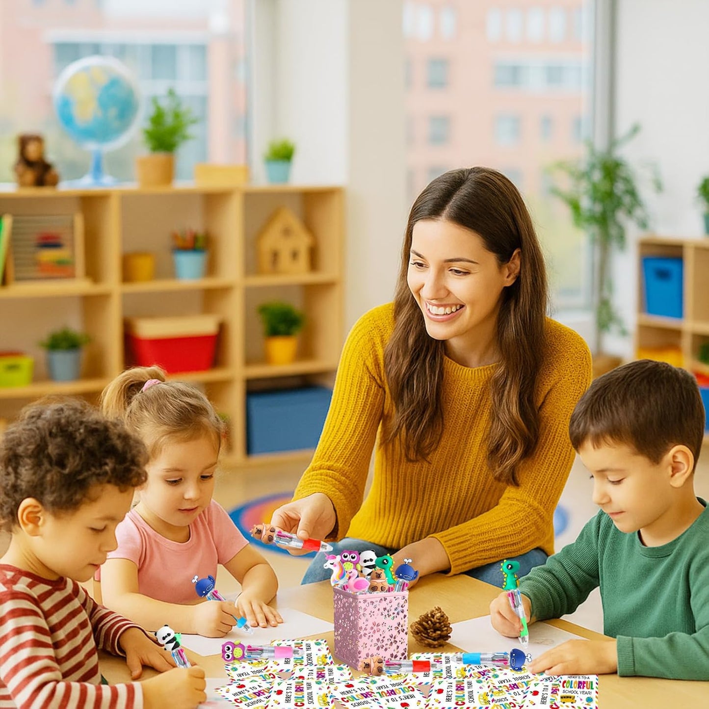 28 Set Back to School Gifts,28 Multicolor Animals 4-in-1 Fun Pens, 28 Welcome Cards and 28 Gift Bags First Day of School Gift for Welcome Back To School Student Gift Bulk Office School Exchange Gifts