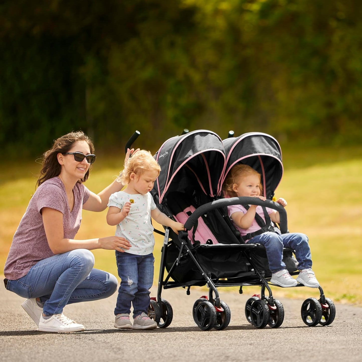 Dream On Me Volgo Twin Umbrella Stroller in Pink, Lightweight Double Stroller for Infant & Toddler, Compact Easy Fold, Large Storage Basket, Large and Adjustable Canopy