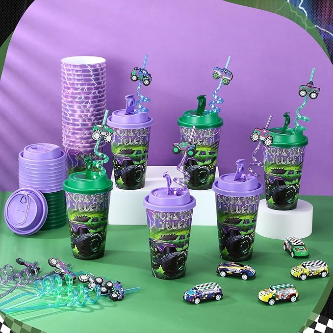 Yungyan 16 Sets Green Purple Monster Truck Party Favors Goodie Cups with Lids and Straws for Halloween Party Decorations Reusable 16oz Plastic Candy Cups Plastic Straws for Birthday Gift(Truck)