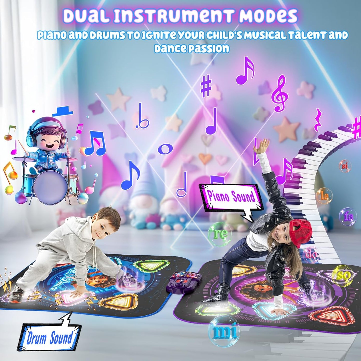 Dance Mat, 2025 Light Up 2-Player Opposing Dance Pad with Single & Double Player Modes, 12-Button Kids Music Toys with Bluetooth, Birthday for 3-12 Year Old Boys Girls