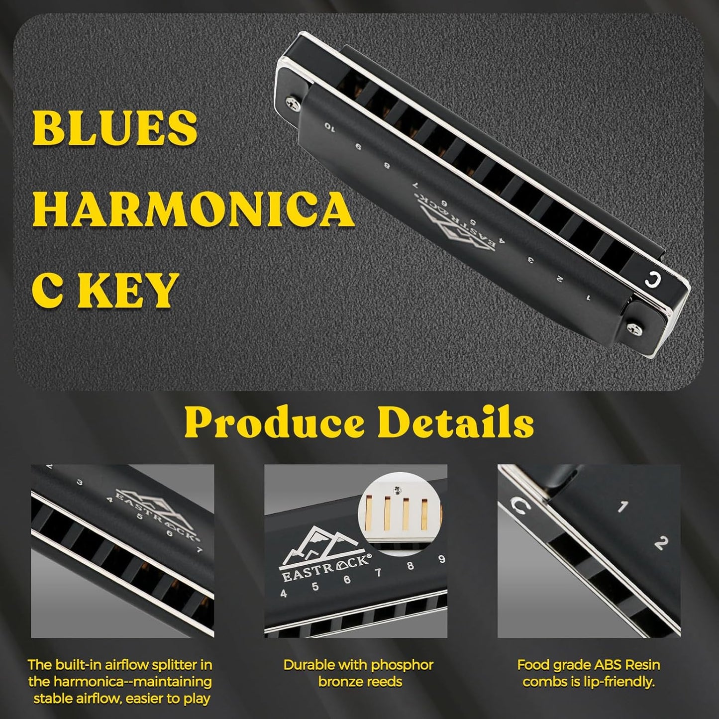 EastRock Harmonica For Adult, Blues Harmonica Mouth Organ 10 Hole C Key with Case, Professional Diatonic Harmonica for Beginner, Students, Adult, Friends, Gifts (Upgraded)
