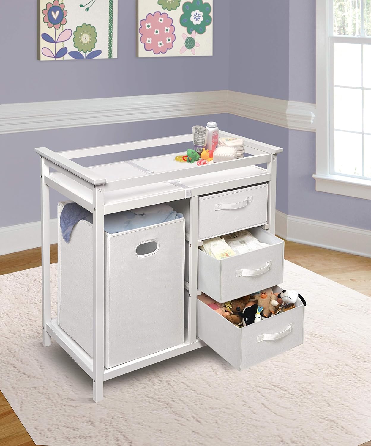 Badger Basket Modern Baby Changing Table - Portable Diaper Station with 3 Drawers Pad & Hamper - Storage Organizer for Baby Clothes, Diapers & Toys - Fresh White/White (34.25 x 20.75 x 34.5)