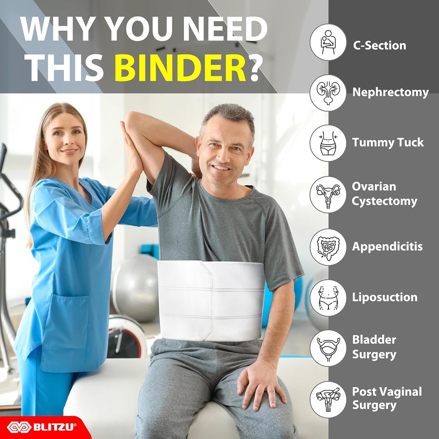 Abdominal Binder for Post Surgery Recovery, 9" 3 Panel Postpartum Belly, Compression Wrap Support Belt for Hernia, C-Section