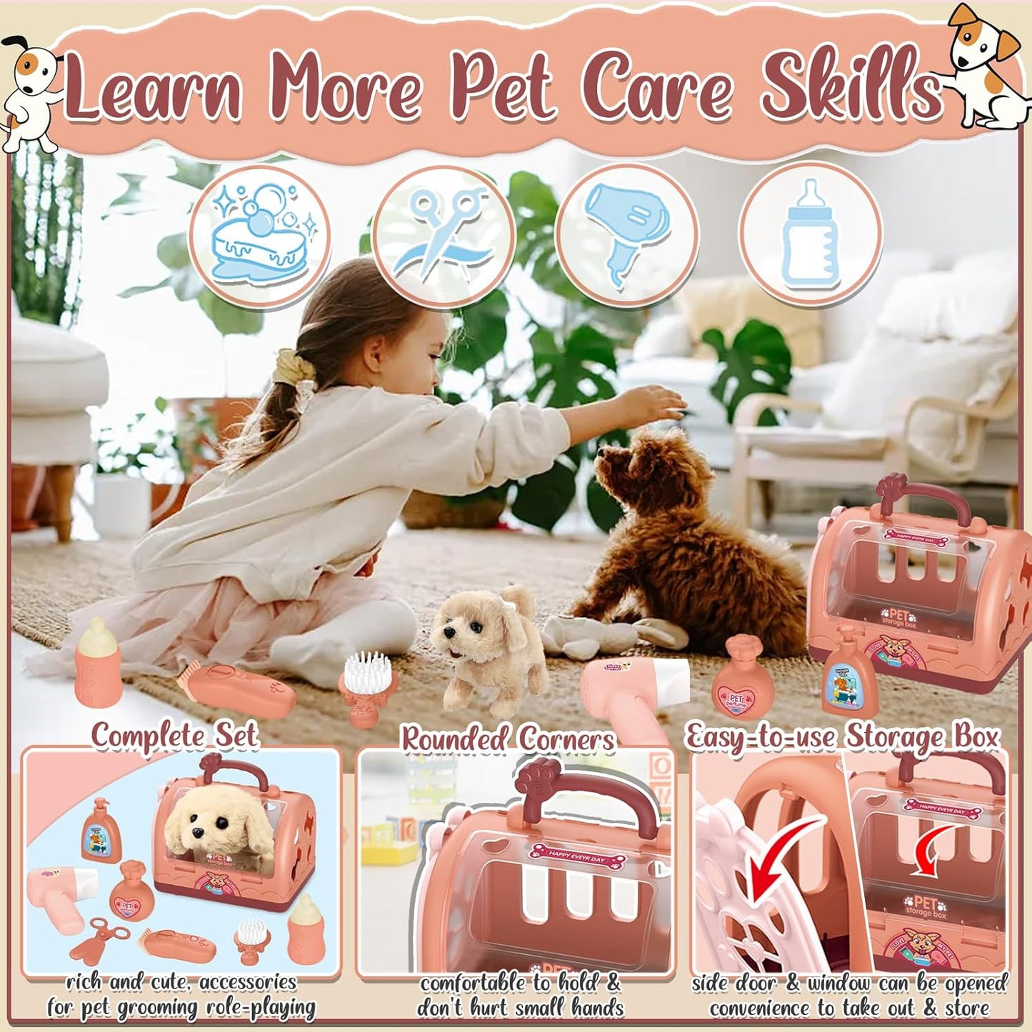 TEUVO Pet Care Play Set Robot Dog Toys for Kids 12Pcs Puppy Dog Toy Pet Walk Grooming Vet Toys Set with Interactive Electric Dog Plush & Cage Pretend Play Gifts for Girls Toddlers 3 4 5 6 7 8 Year Old