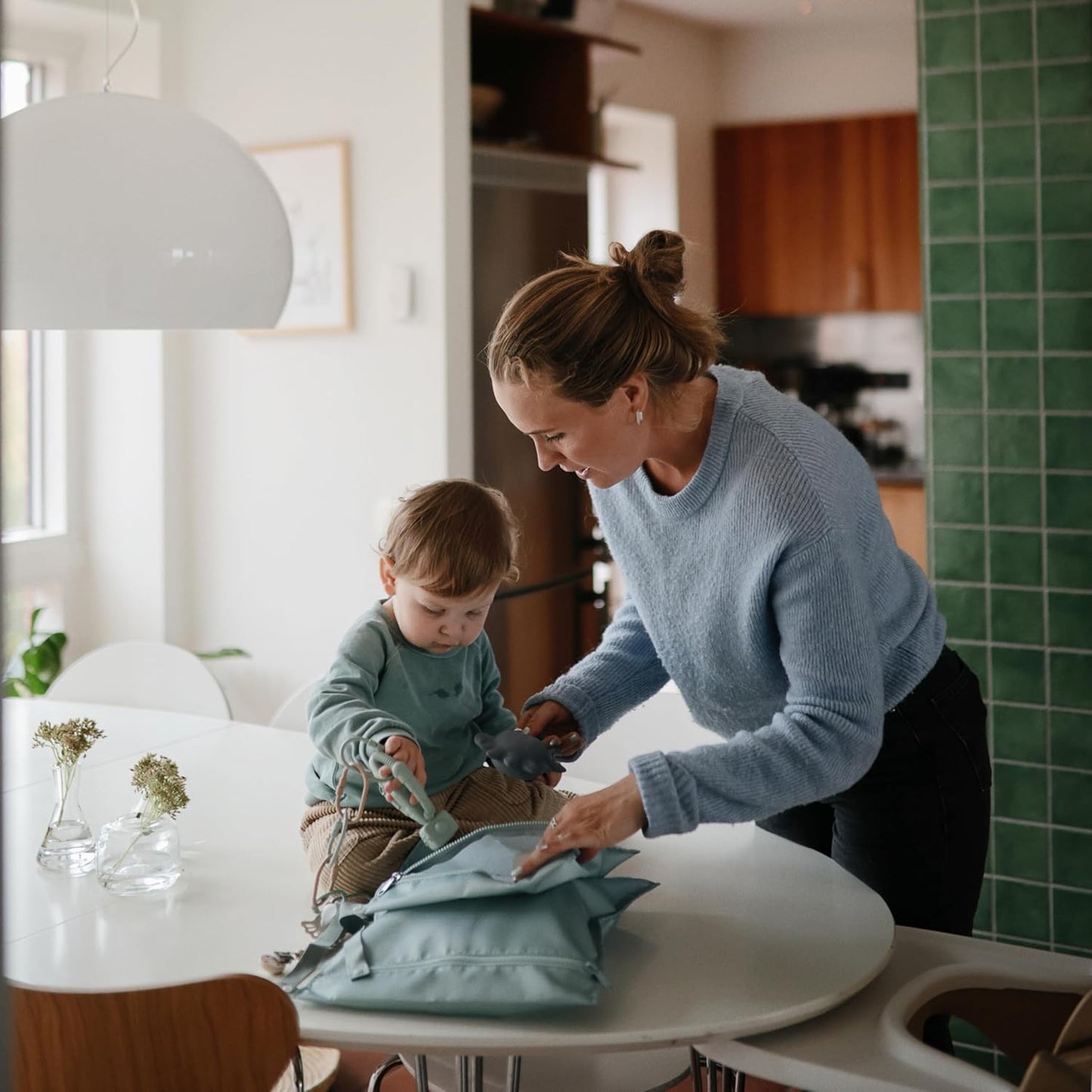 mushie Water Resistant Wet Bags | Large & Small Reusable Storage Bag for Baby Items and Travel | Zippered Pockets with Handle | Machine Washable, Set of 2 (Olive Check)