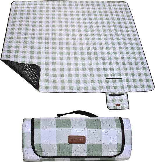 HX&OD Outdoor Picnic Blanket, Extra Large, 80''x60'' Waterproof Foldable Blankets Gingham Picnic Mat for Beach, Camping Grass Lawn Park Accessories Cute Couple Ideas Wedding (Green, 80”x60”)