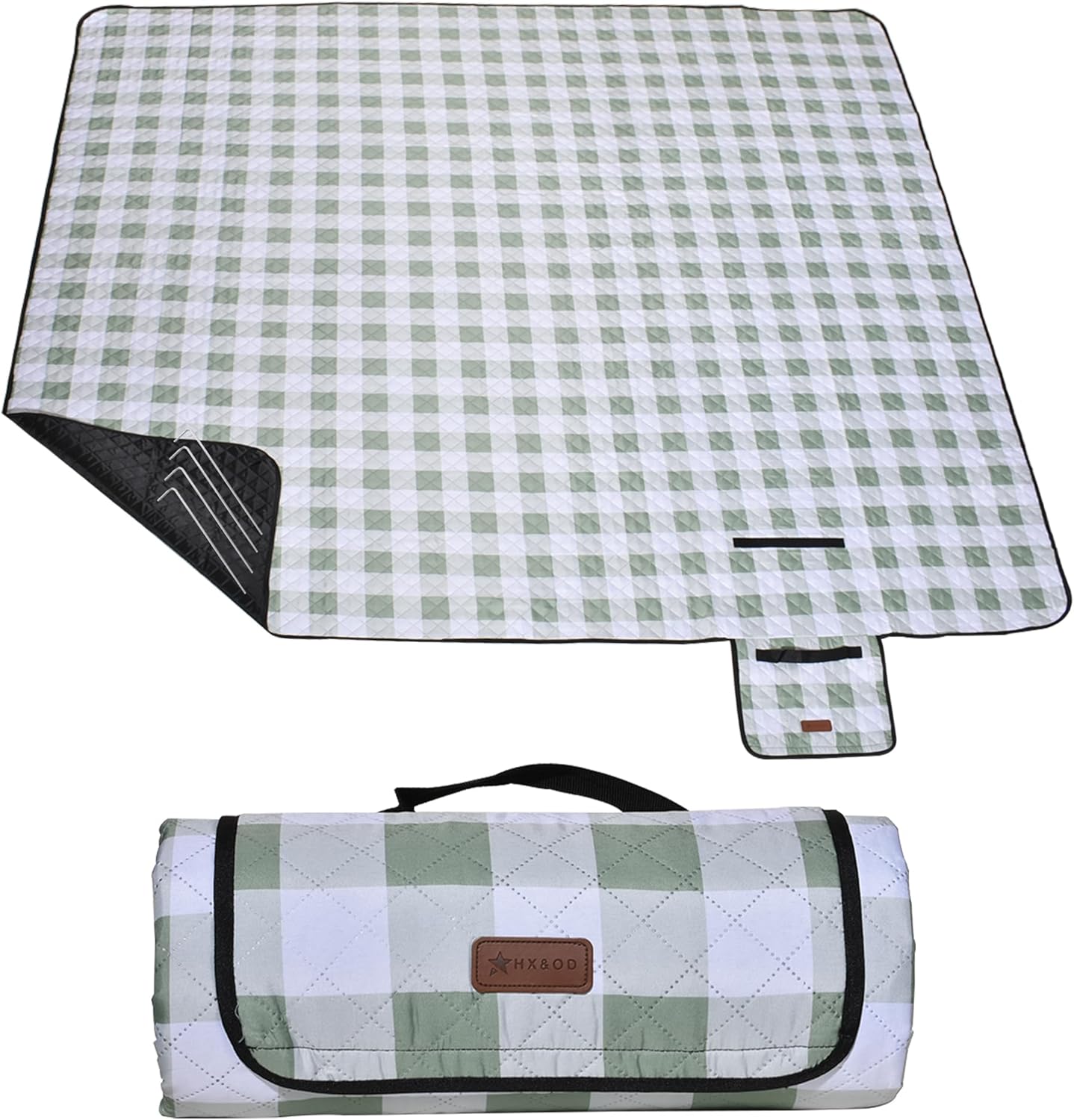 HX&OD Outdoor Picnic Blanket, Extra Large, 80''x80'' Waterproof Foldable Blankets Gingham Picnic Mat for Beach, Camping Grass Lawn Park Accessories Cute Couple Ideas Wedding (Green, 80”x80”)
