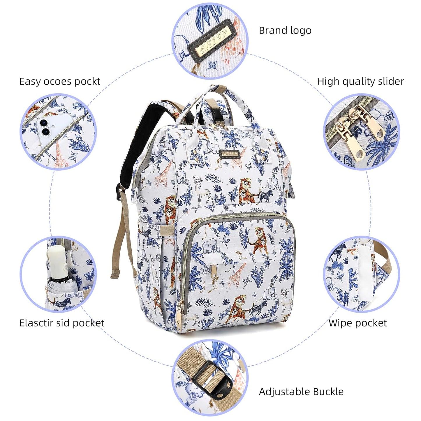 Diaper Bag Backpack, Diaper Bags for Baby Girls Boys, Baby Bags for Moms Dads, Nappy Changing Bag with Insulated Pockets,Multi-functional Waterproof Backpack with Stroller straps-Animal World White