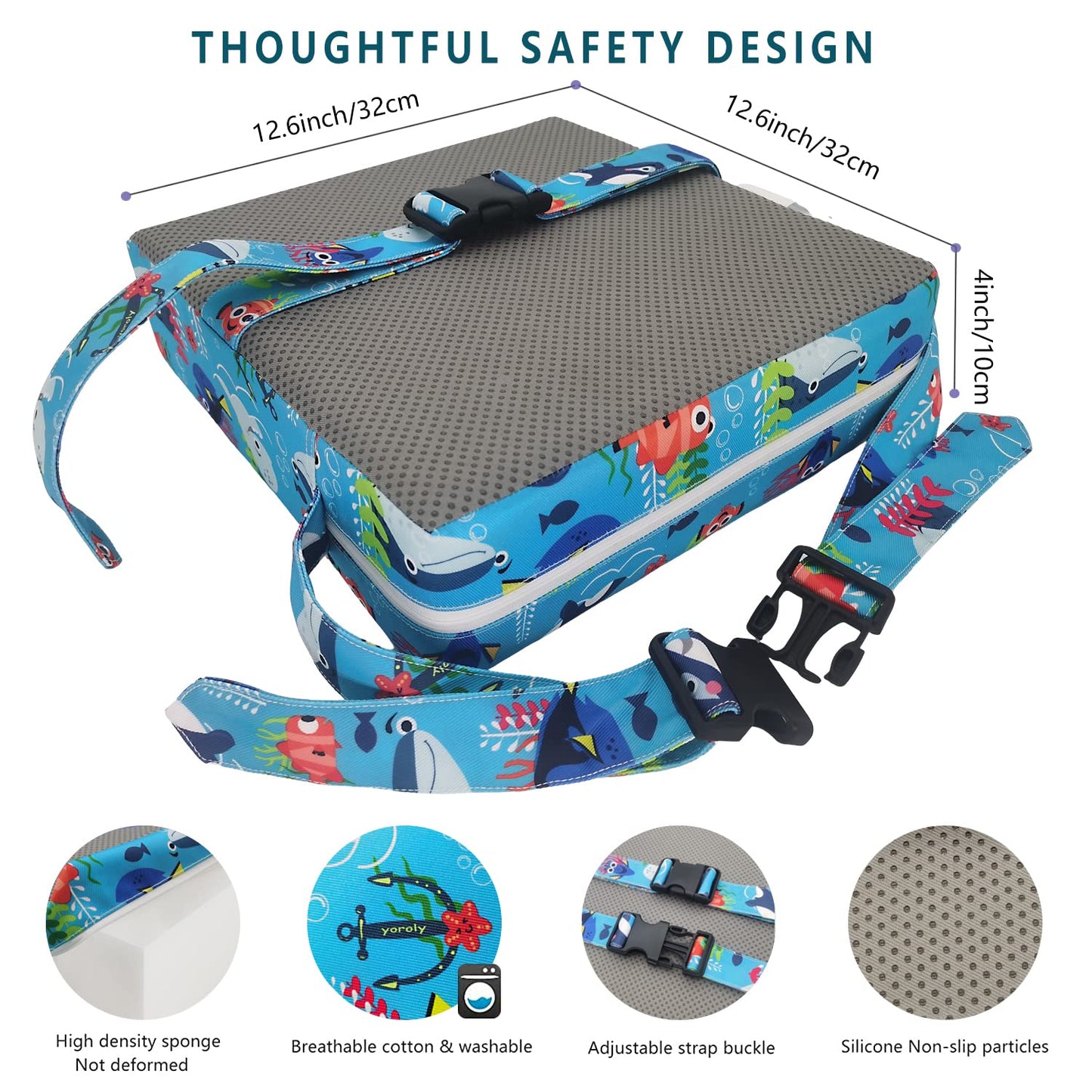 Toddler Booster Seat for Dining Table,4 Inches Washable Double Safer Straps Non-Slip Bottom Booster Seat for Kids, Portable Travel High Density Sponge Detachable Increasing Cushion for Child