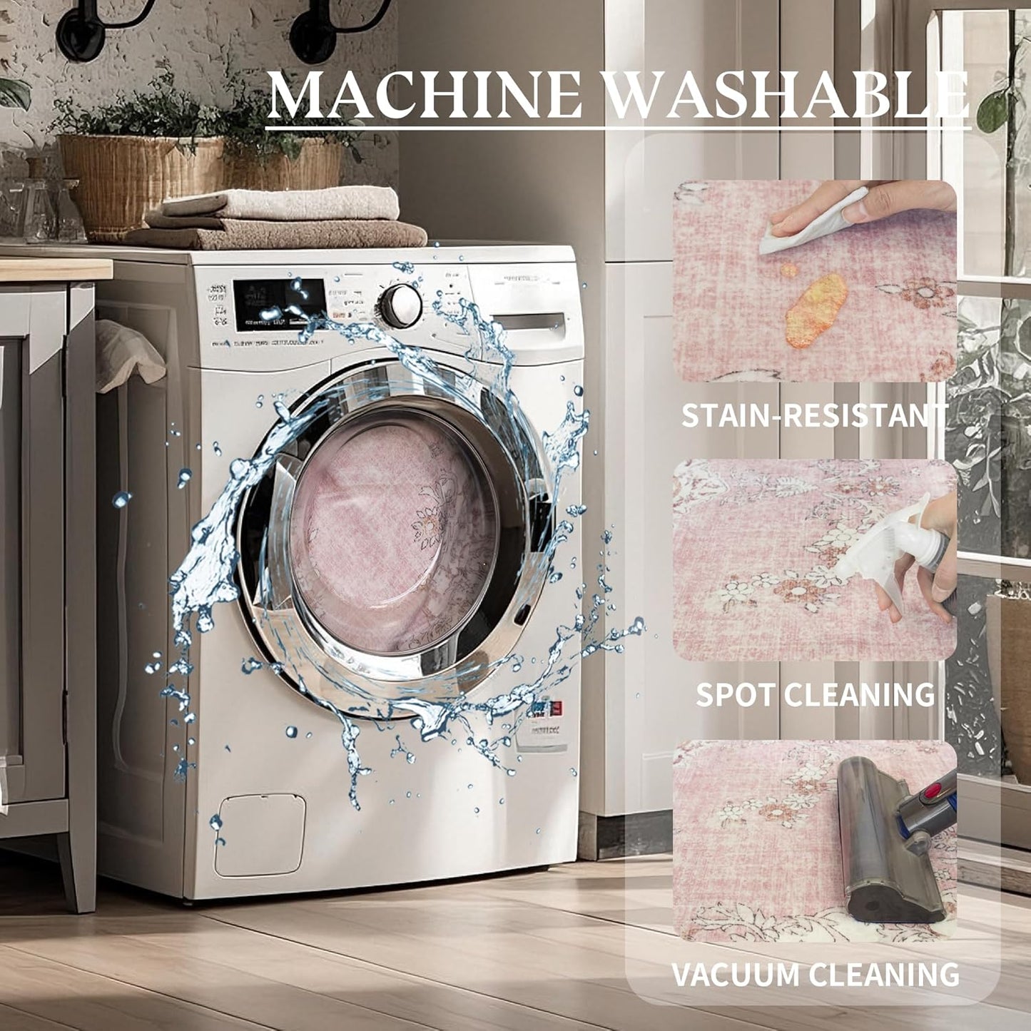 5x8 Area Rug Washable: Oriental Soft Area Rug for Living Room Bedroom No Shedding - Low Pile Thin Carpet Rug for Dining Room Non Slip - Boho Vintage Rug for Home Decor - Soft Pink