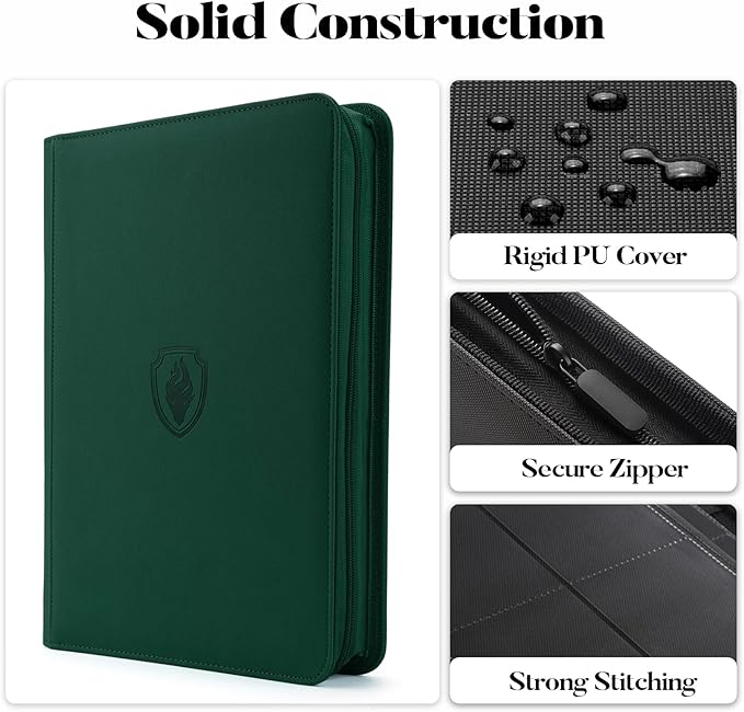 9 Pocket Zipper Card Binder, Fabmaker 360 Trading Card Holder Book, Premium PU Cover Zip Binder for Cards, Durable Side Loading Card Folders Album for MTG, TCG, Game Cards, Sports Cards, Dark Green