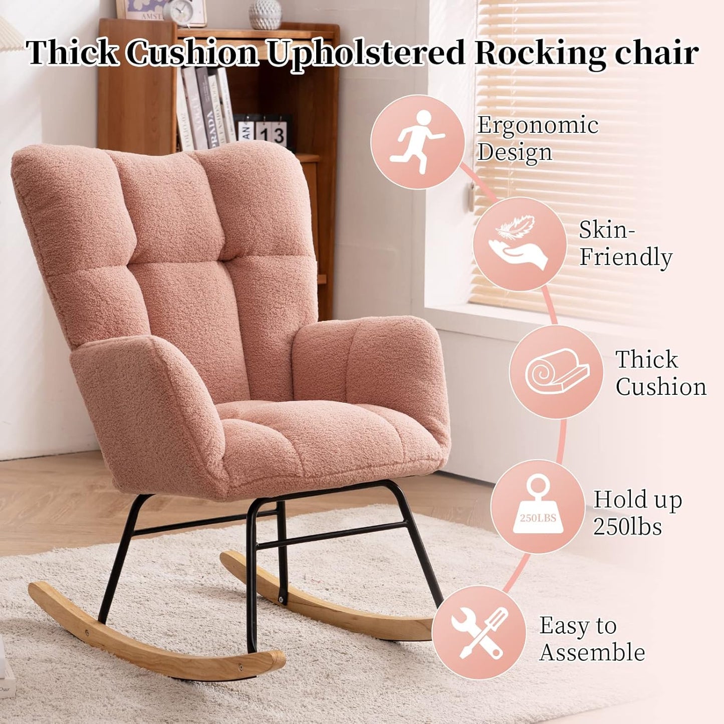 NIOIIKIT Nursery Rocking Chair Teddy Upholstered Glider Rocker Rocking Accent Chair Padded Seat with High Backrest Armchair Comfy Side Chair for Living Room Bedroom Offices (Pink Teddy)