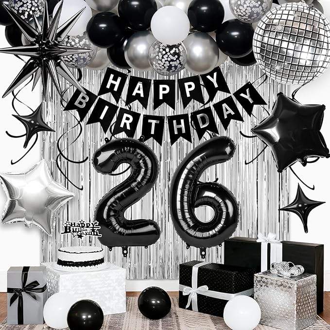26th Birthday Decorations for Men Women, Black Silver Happy Birthday Party Decorations， 26 Year Old Party Supplies with Number 26 Balloons, Banner, Fringe Curtains Kit