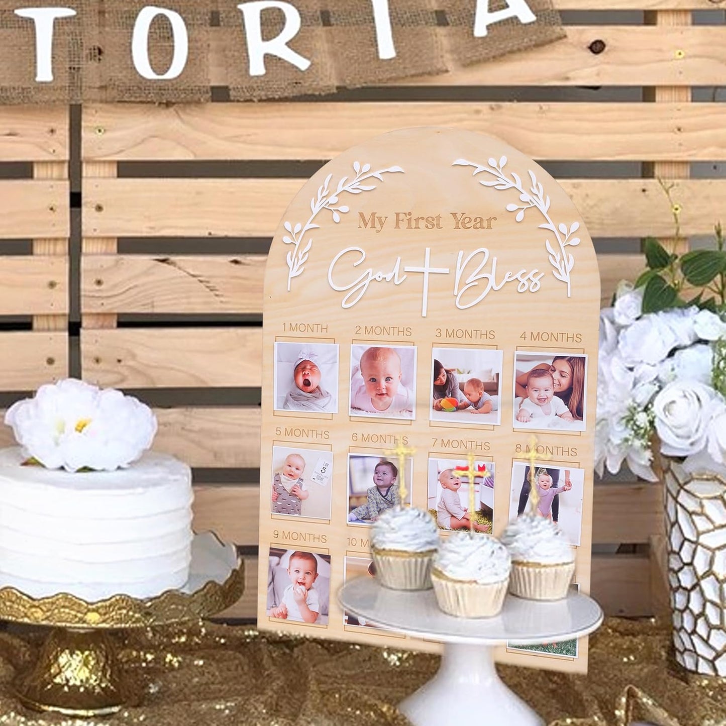 God Bless My First Year Photo Board - 1st Holy Communion Monthly Photos Display,God Bless 1 To 12 Months Photo Wooden Board,Baby Baptism Party Milestone Photos,Wooden Cross Photo Board (God Bless)