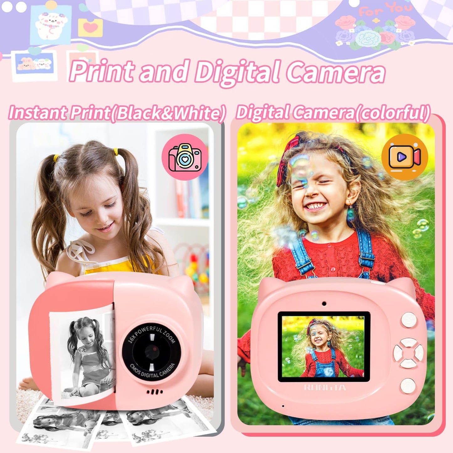Instant Print Camera Toy for Kids, Girls Birthday Gifts for 3 4 5 6 7 8 Year Old Learning Music Story Player, 1080P HD Dual-Lens Creative Instant Camera (Pink)