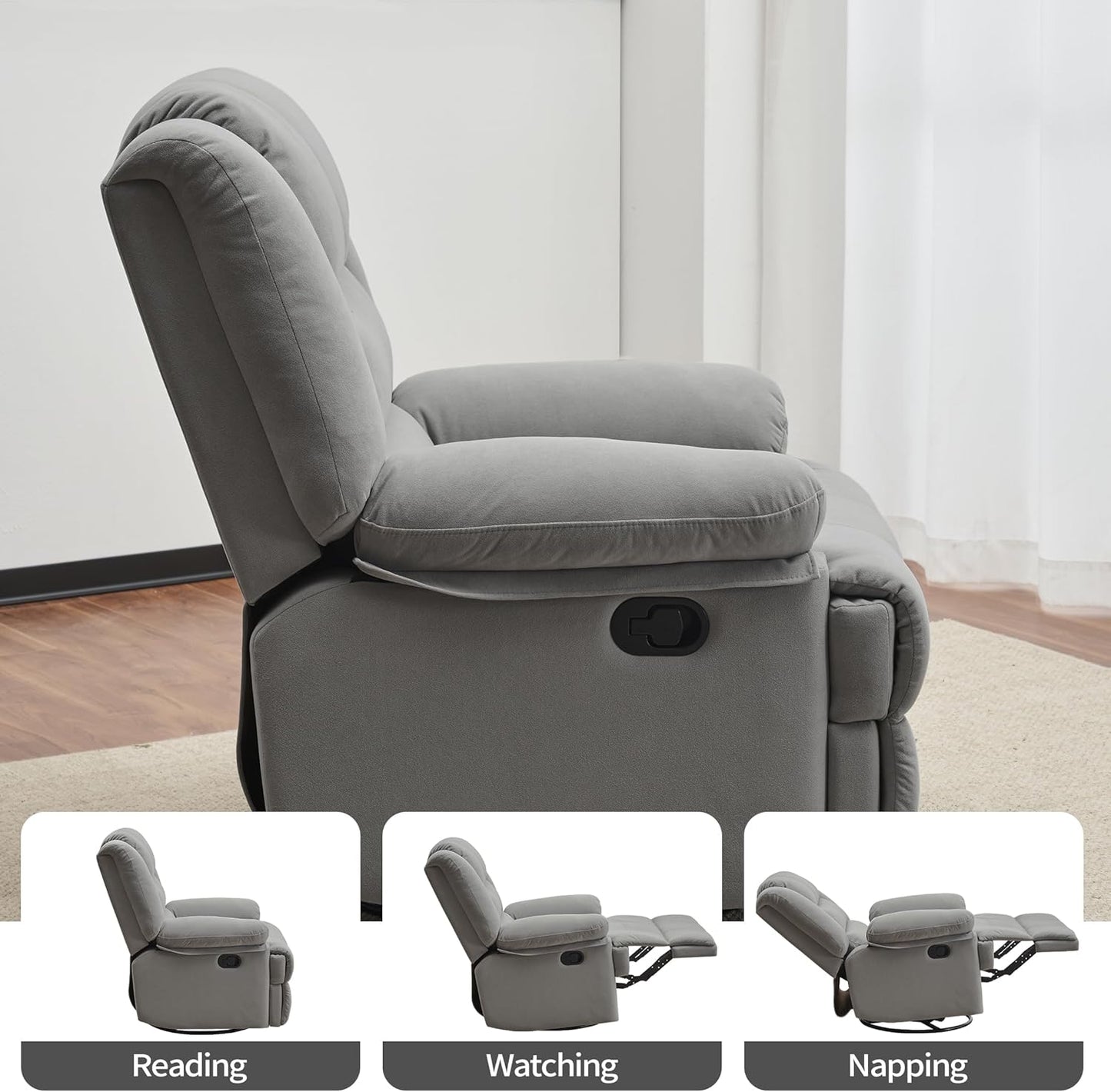 Swivel Rocking Recliner Chair for Adults, Overstuffed Manual Glider Rocker Recliner Chairs, Upholstered Reclining Single Sofa for Living Room Nursery (Light Grey)