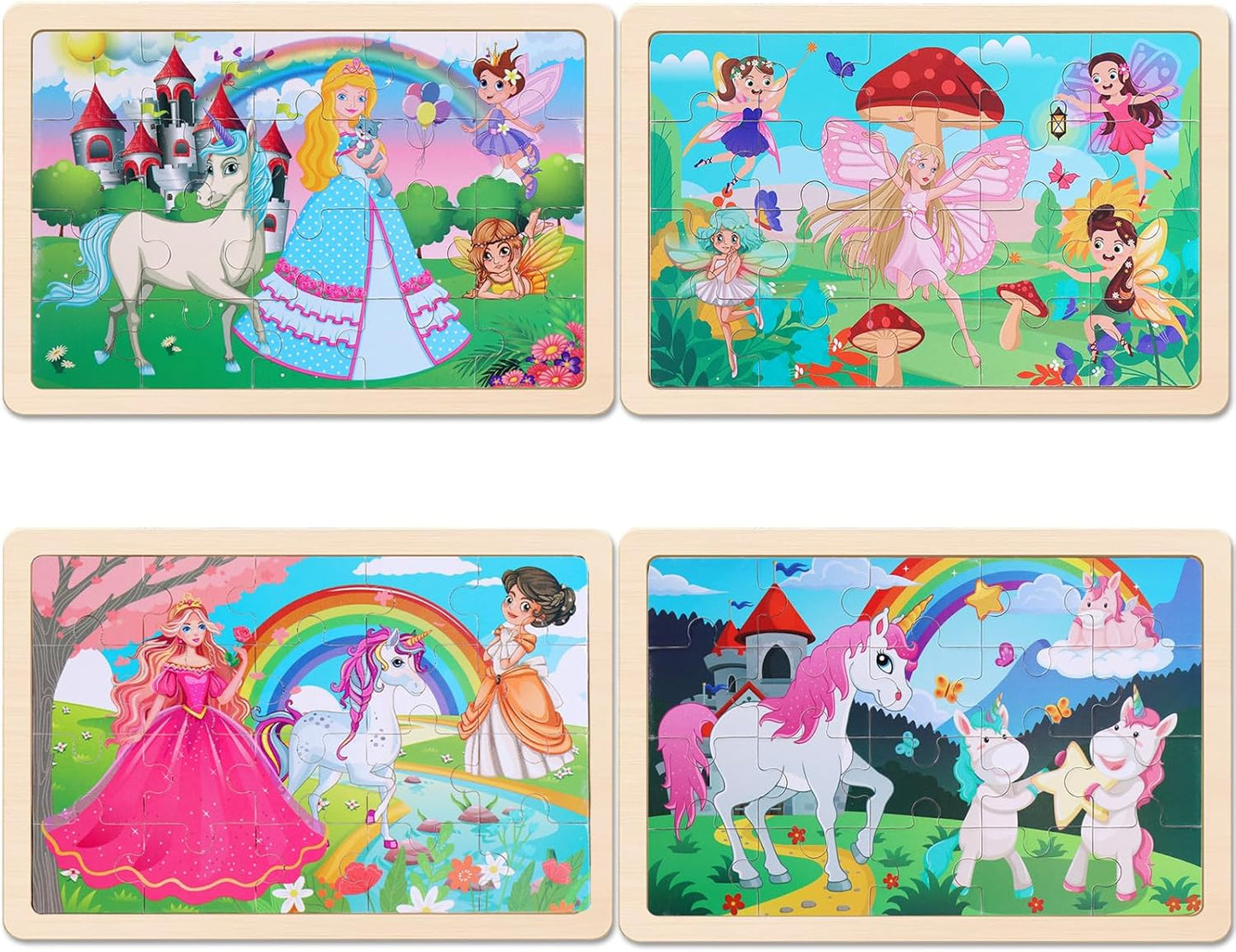 NASHRIO Wooden Educational Jigsaw Puzzles for Preschool Kids Ages 3-5, 4-Pack with 20 Pieces Unicorn Princess Wood Puzzles Set, Toddler Brain Teaser Toys, Preschool Gifts for Boys Girls Ages 3 4 5 6