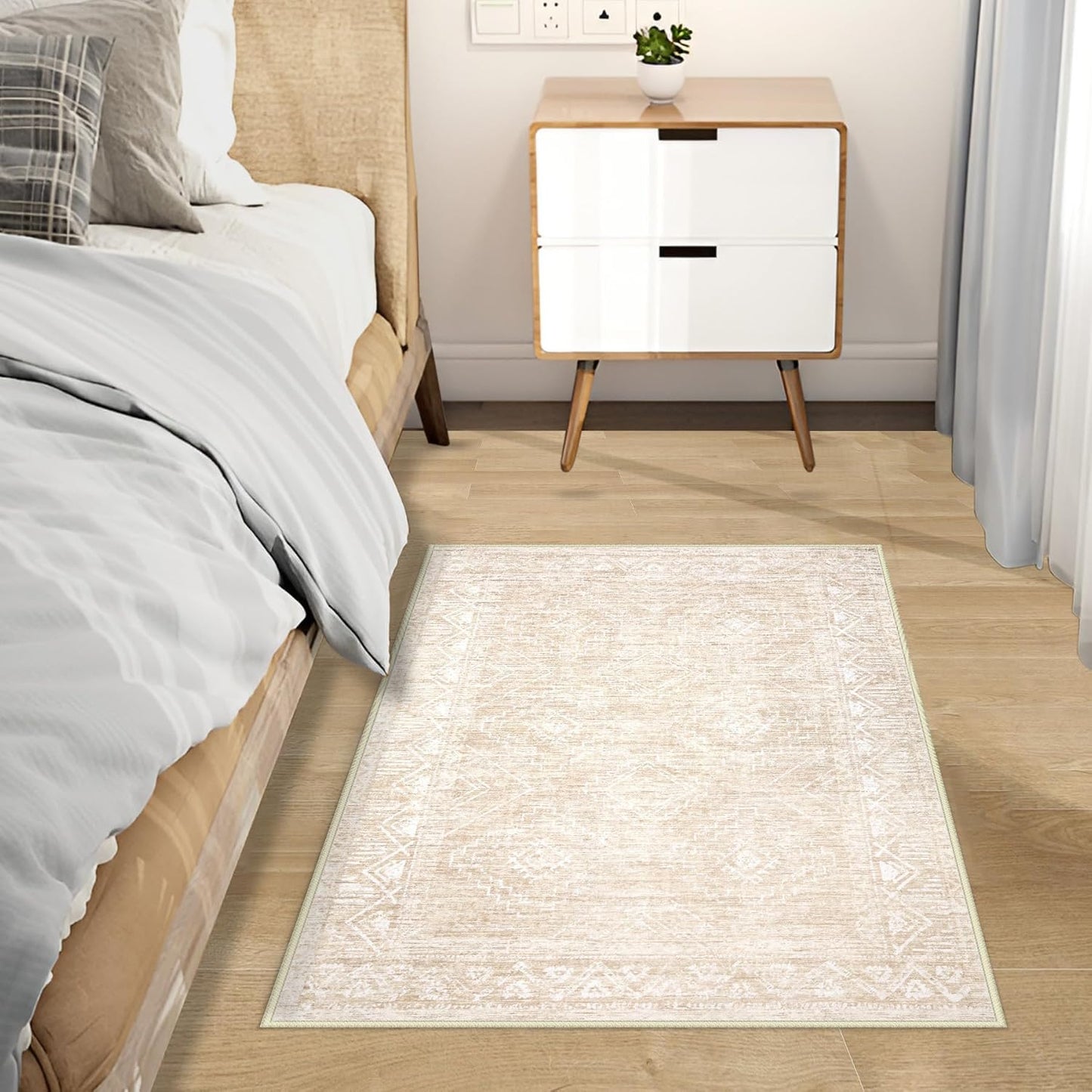 Moroccan Area Rug 2x3 - Washable Distressed Entryway Rug Non-Slip Small Rug, Soft Low-Pile Geometric Farmhouse Indoor Door Mat Floor Carpet for Entrance Bedroom Kitchen Bathroom (2 x 3, Beige)