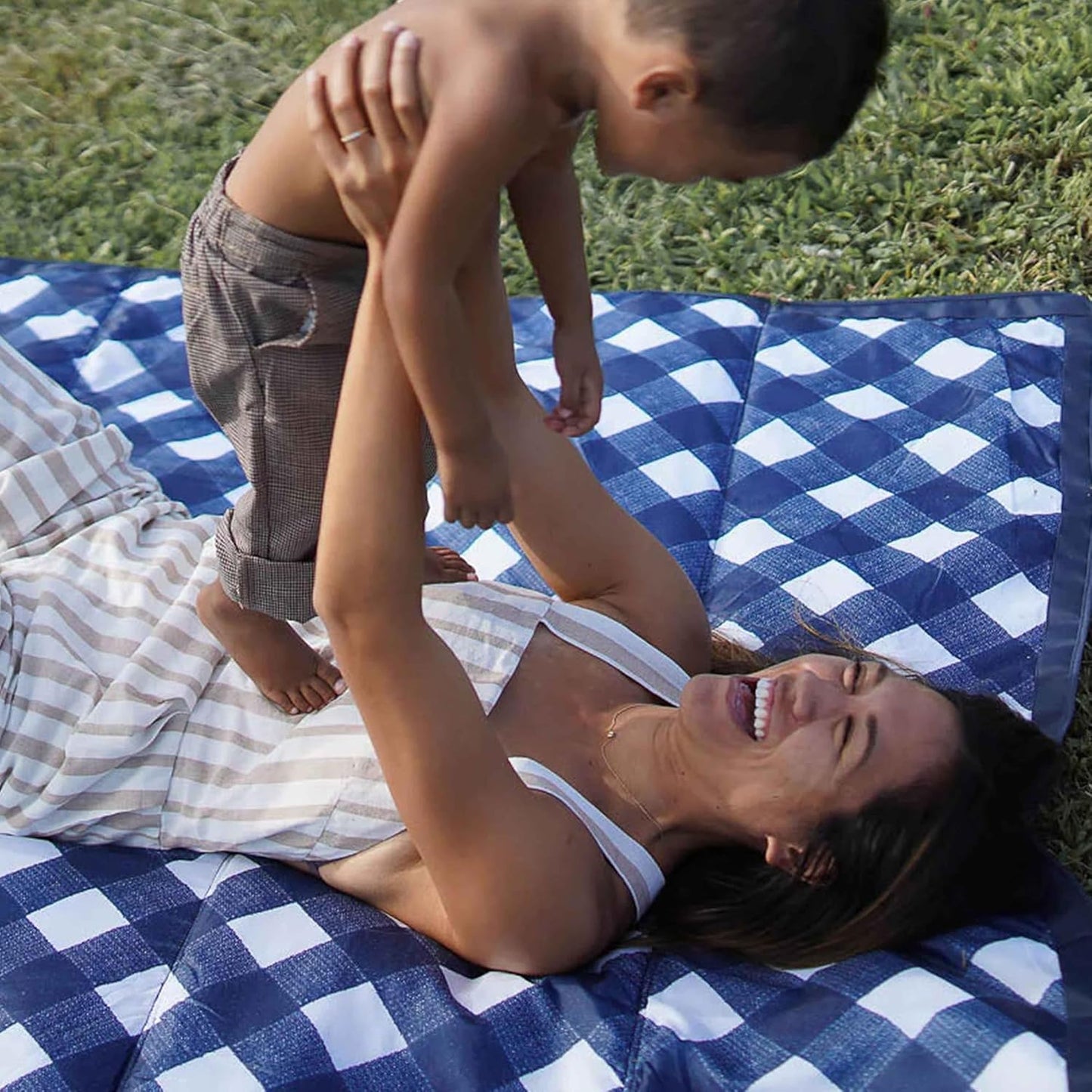 Little Unicorn 5'x7' Outdoor Family Picnic & Beach Blanket | Durable & Water-Resistant Fabric | Compact Fold & Easily Wipes Clean | Zipper Pocket (Navy Plaid)