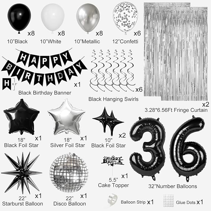 36th Birthday Decorations for Men Women, Black Silver Happy Birthday Party Decorations， 36 Year Old Party Supplies with Number 36 Balloons, Banner, Fringe Curtains Kit