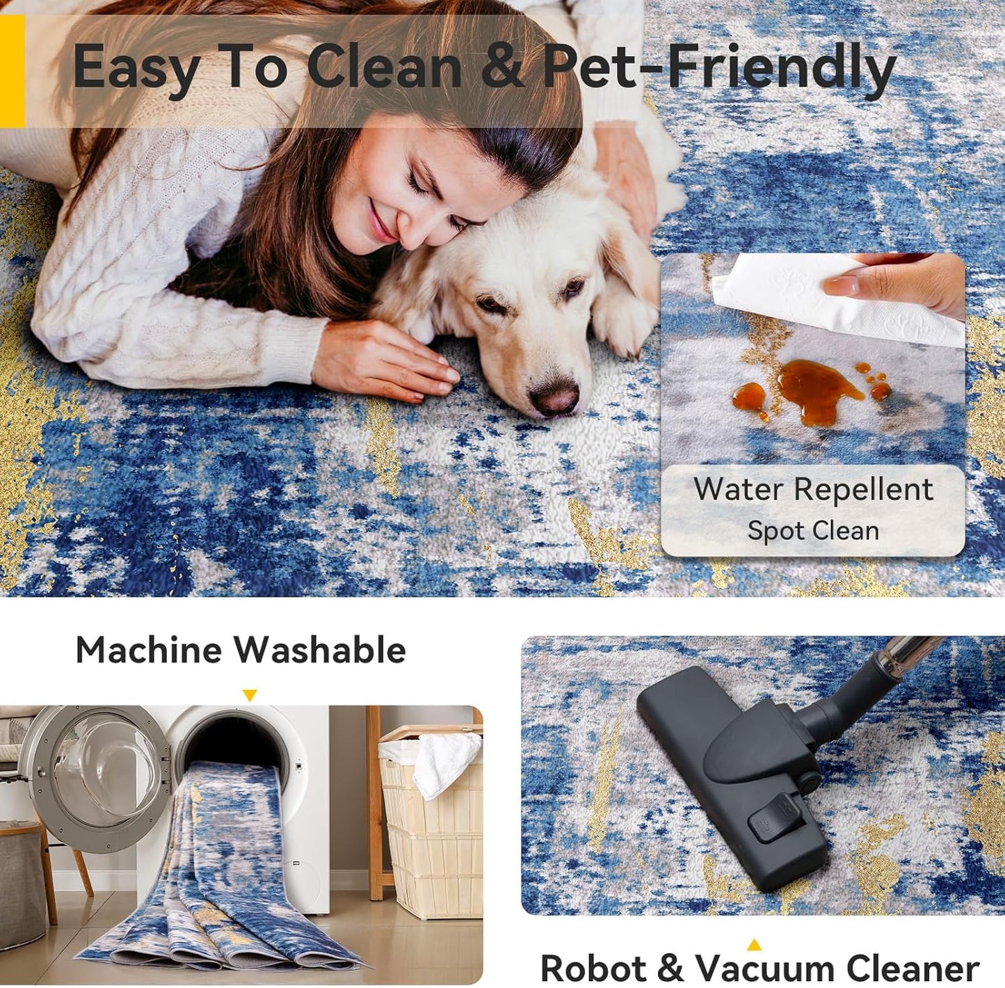 Washable Area Rugs 5'x7' Non-Slip Modern Abstract Soft for Living Room Entryway Bedroom Nursery, Print Pattern, Grey Blue Gold/Golden