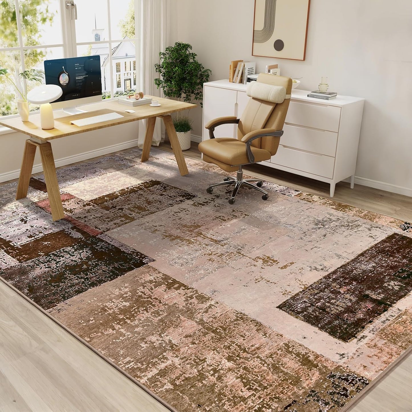 LOCHAS Rug for Living Room, Washable Soft Area Rugs for Bedroom 8x10, Abstract Carpet for Indoor Office Kids Dining Room Nursery Floor, Brown Geometric Vintage Home Decor, Non Slip, Pet Child Friendly