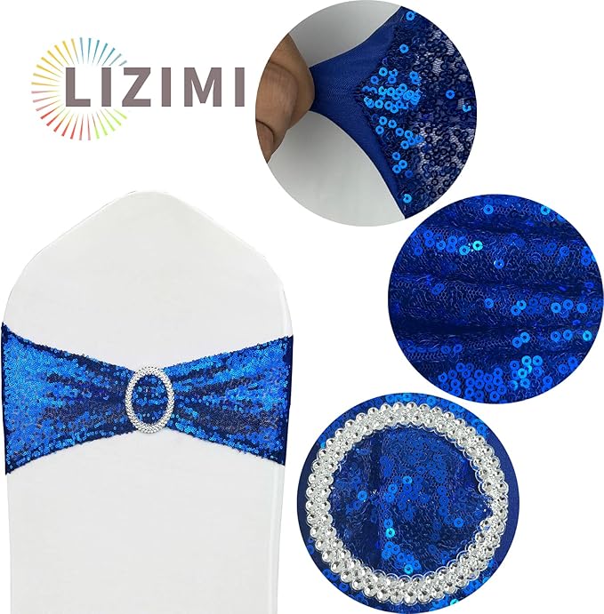 Sequin Chair Sashes Stretch Chair Bands Spandex Polyester Bows for Party Hotel Wedding Banquets Decoration - 6 Pcs Royal Blue
