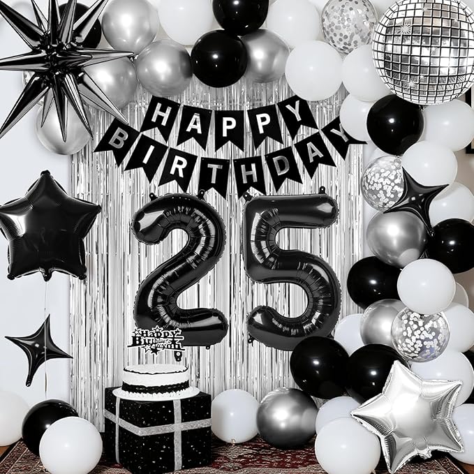 25th Birthday Decorations for Men Women, Black Silver Happy Birthday Party Decorations， 25 Year Old Party Supplies with Number 25 Balloons, Banner, Fringe Curtains Kit