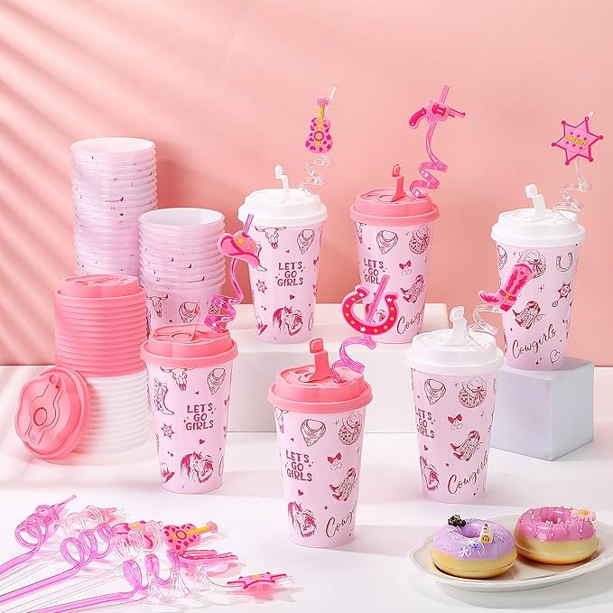 Yungyan 24 Sets Pink Cowgirl Party Favors Goodie Cups with Lids and Straws for Halloween Party Decorations Reusable 16oz Plastic Candy Cups Plastic Straws for Birthday Gift(Pink Cowgirl)