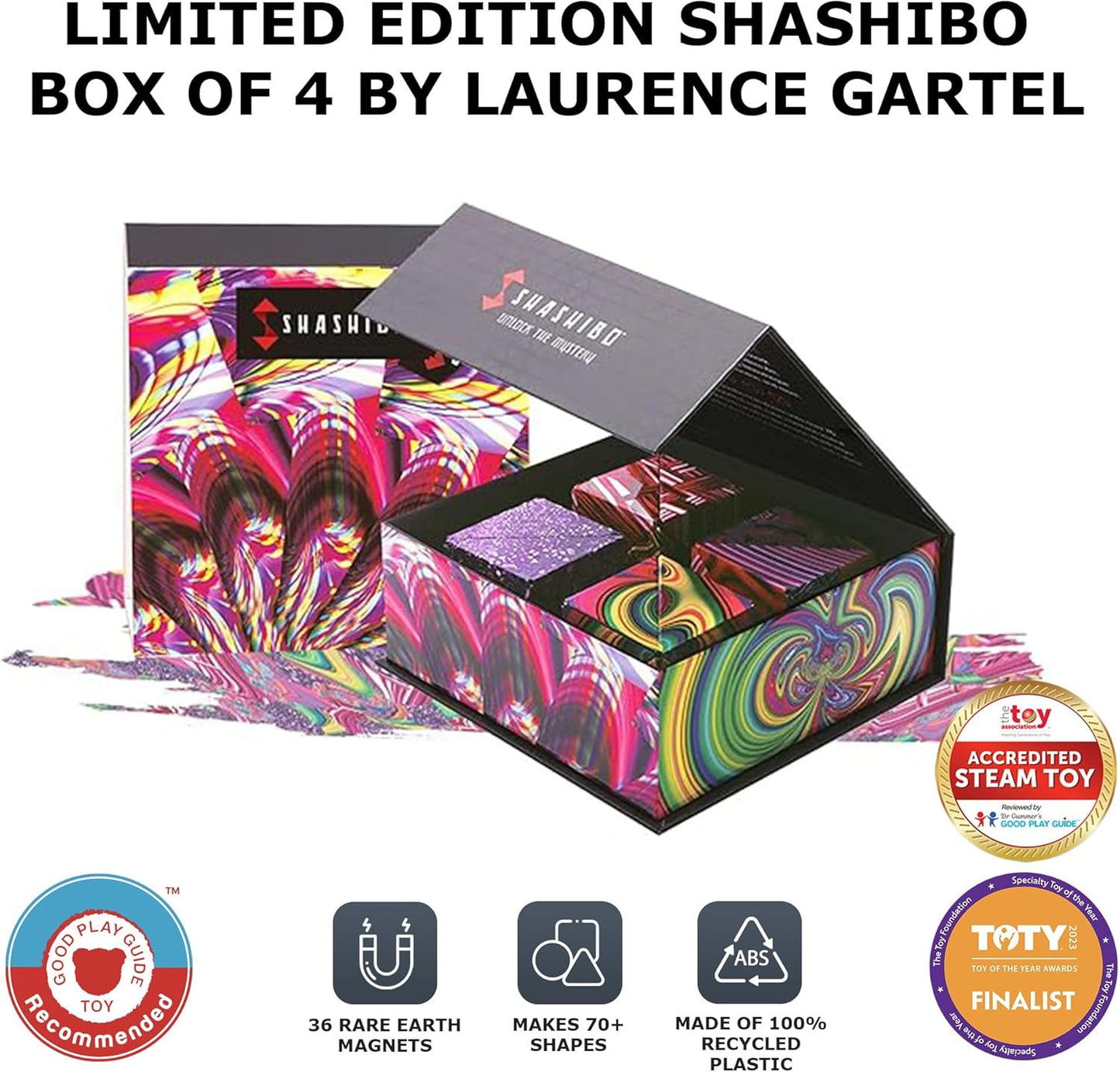 Shashibo Limited Edition Gartel Shape Shifting Box - Award-Winning, Patented Fidget Cube w/ 36 Rare Earth Magnets - Designed by Digital Art Pioneer Laurence Gartel (4 Pack)