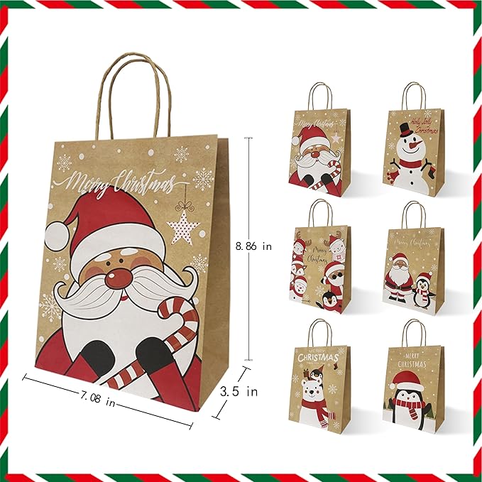 HSMOK 24PCS Christmas Gift Bags with Handles – 6 Festive Designs Medium Holiday Kraft Paper Bags for Kids, Adults, Party Favor, Treat, Goodie, Shopping, Xmas Decorations, 7.08x3.5x8.86 Inch