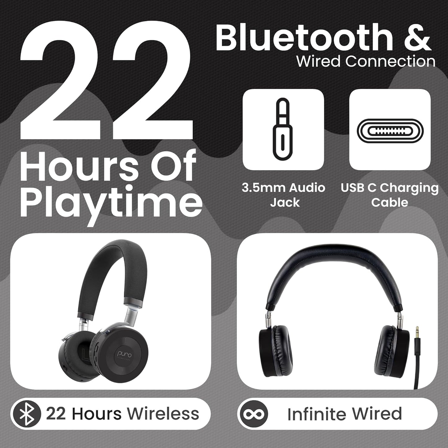 Puro Sound Labs JuniorJam Plus Volume-Limiting Wireless Bluetooth Headphones for Kids, Secure Audio with Adjustable On-Ear Design, 22-Hour Battery, Ideal for Tablets, Smartphones & PCs - Black