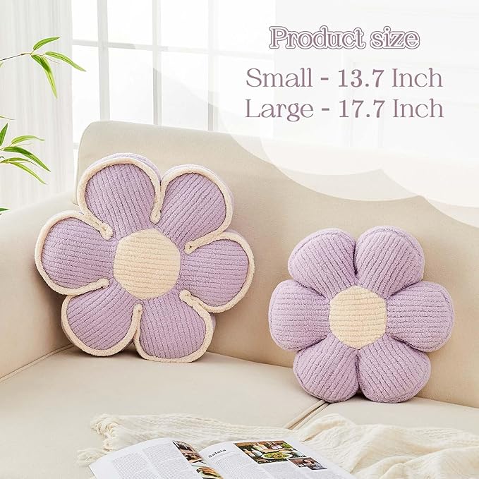Flower Pillow, Soft Flower Decorative Throw Pillow, Cute Daisy Flower Shaped Seating Floor Cushion Room Décor Plush Pillows for Sofa Couch Bed (17.7 Inch, Lavender)