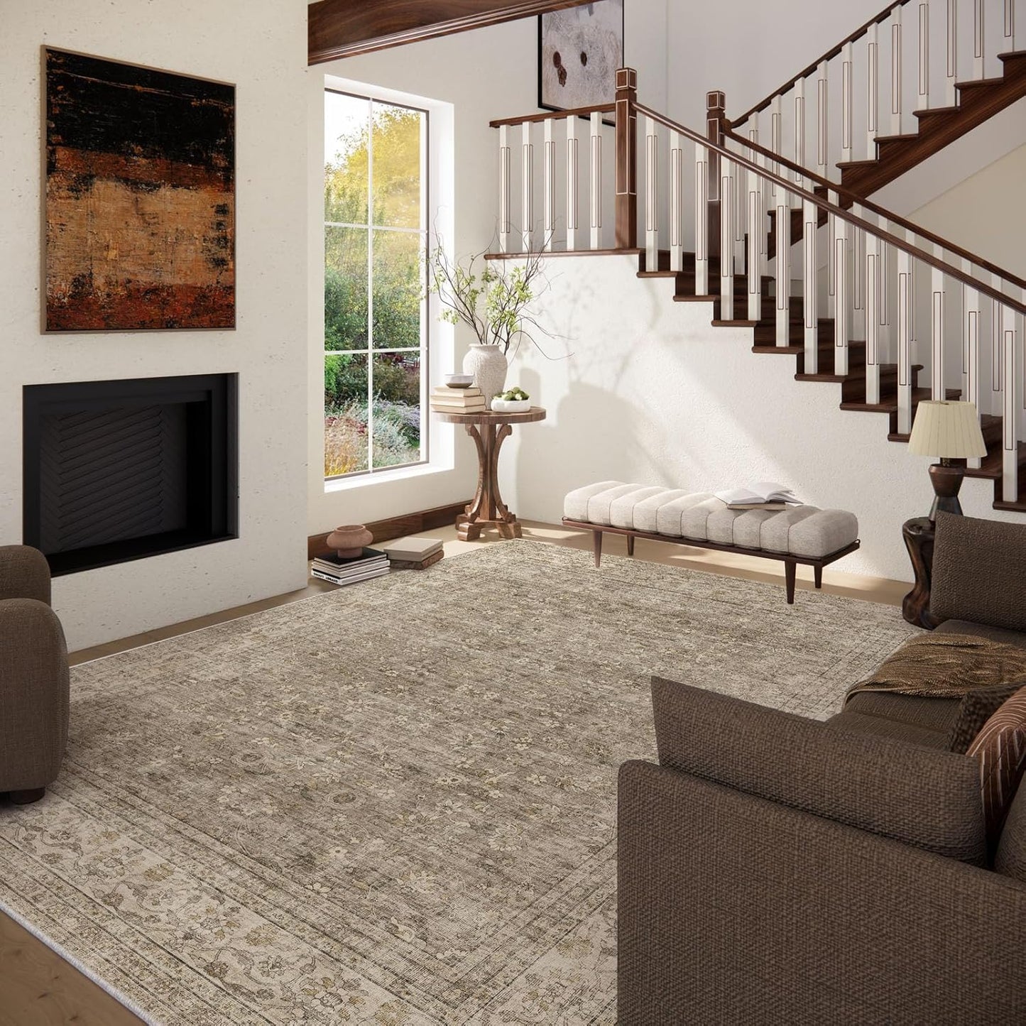 Machine Washable Rugs for Living Room: 8x10 Area Rugs for Bedroom Vintage Stain Resistant Non Slip Low Pile Lightweight Boho Carpet for Kitchen Dining Room Farmhouse Kids Room Nursery